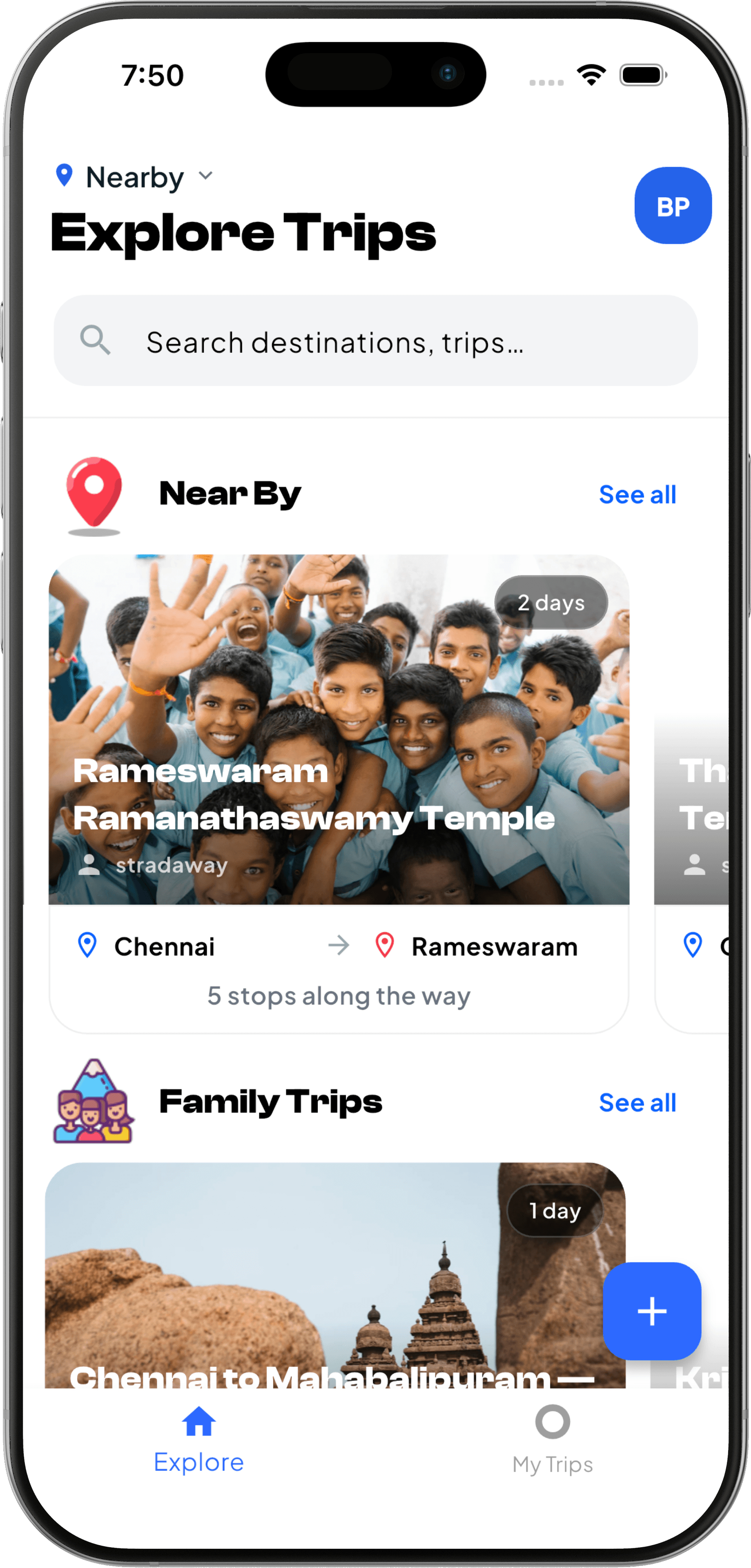 The StradaWay Explore feed on a phone, listing published road trips with a photo, distance and number of days on each.