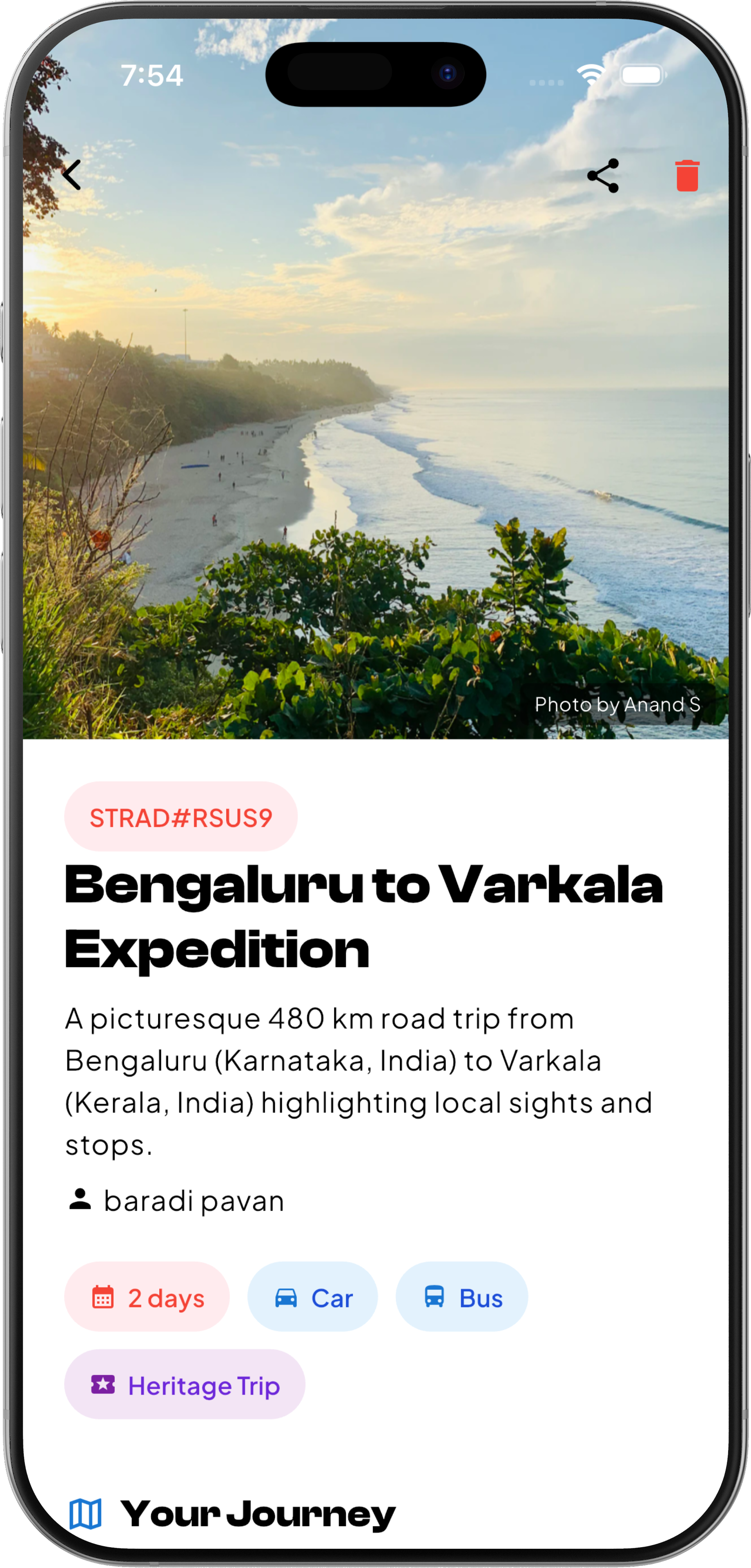 A trip opened to its day-by-day view, showing each stop and where the traveller stayed.